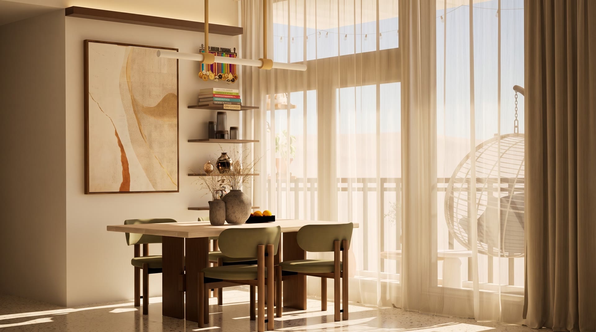 Sunlit dining space with olive chairs and an oak table beside sheer curtains and the balcony