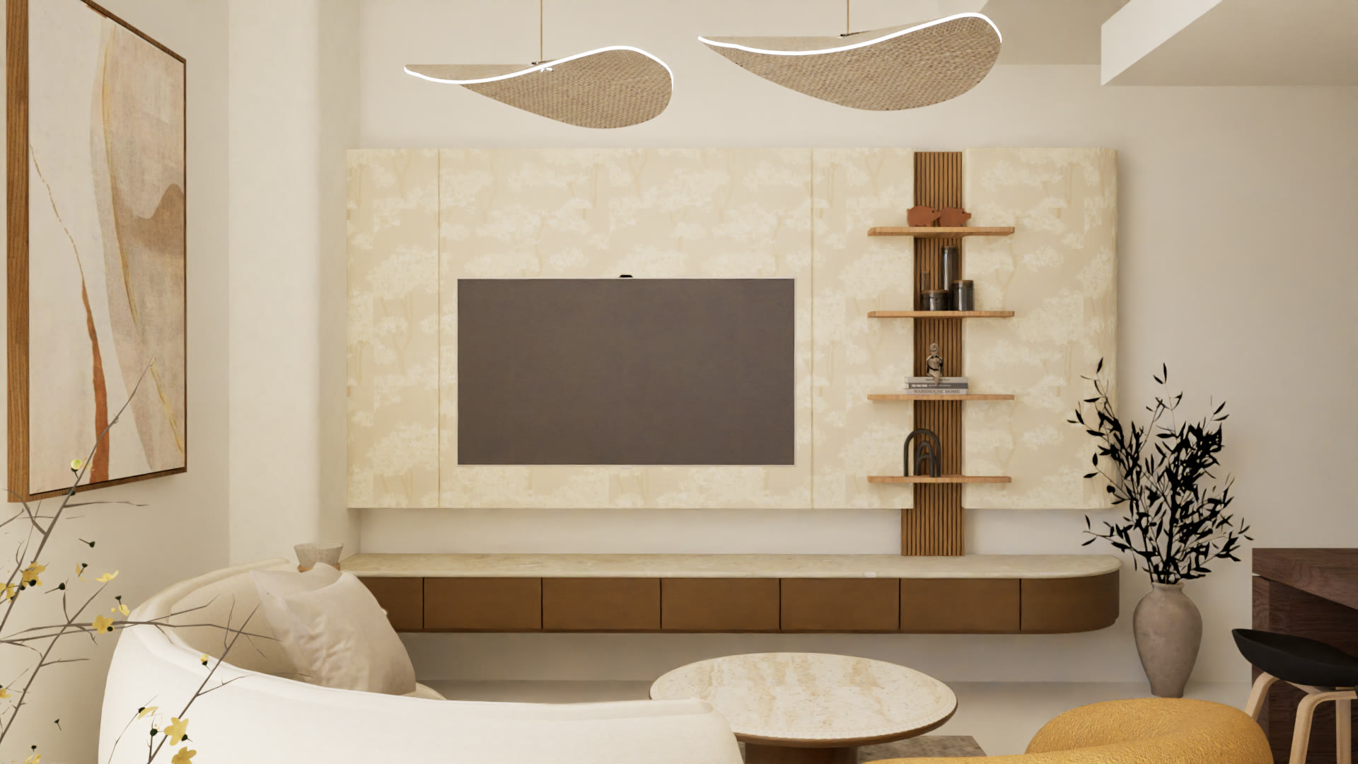 Media wall with a floating oak console, curved sofa and travertine coffee table