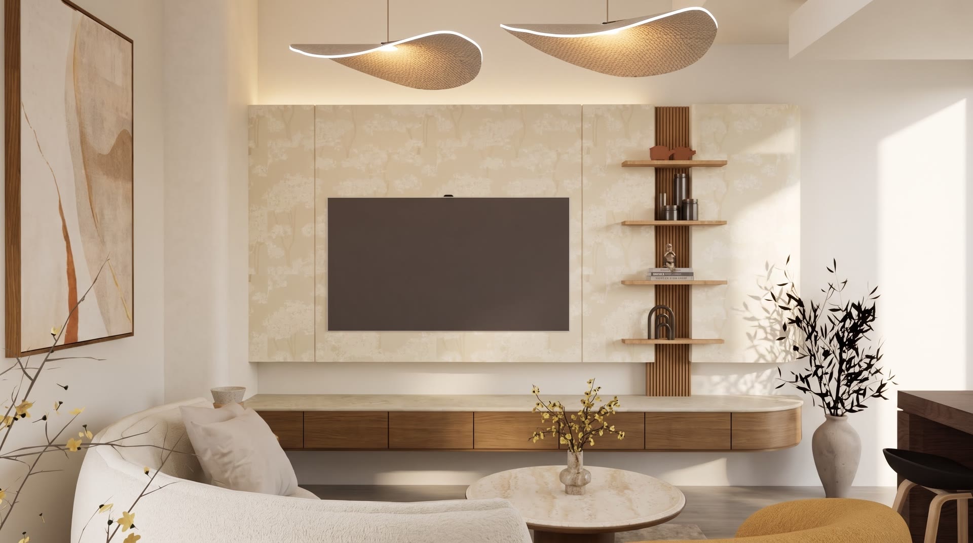 Sunlit media wall with tree-patterned panels, a slatted oak shelf and a floating oak console