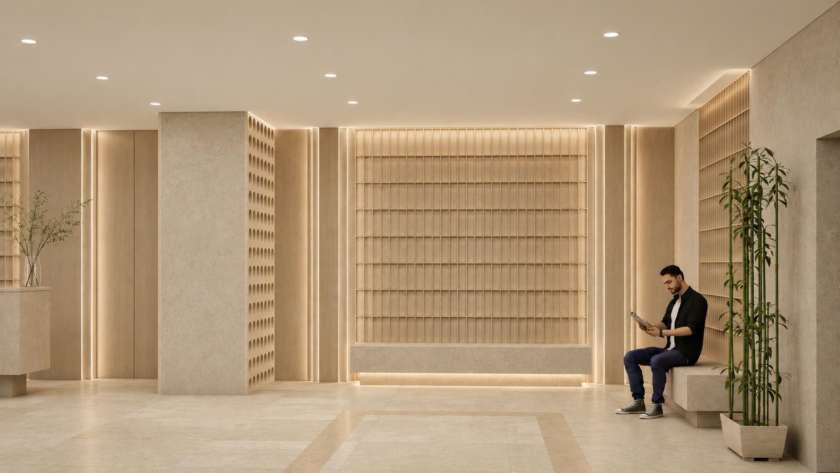 Waiting area with a stone bench, bamboo planter and backlit oak screen