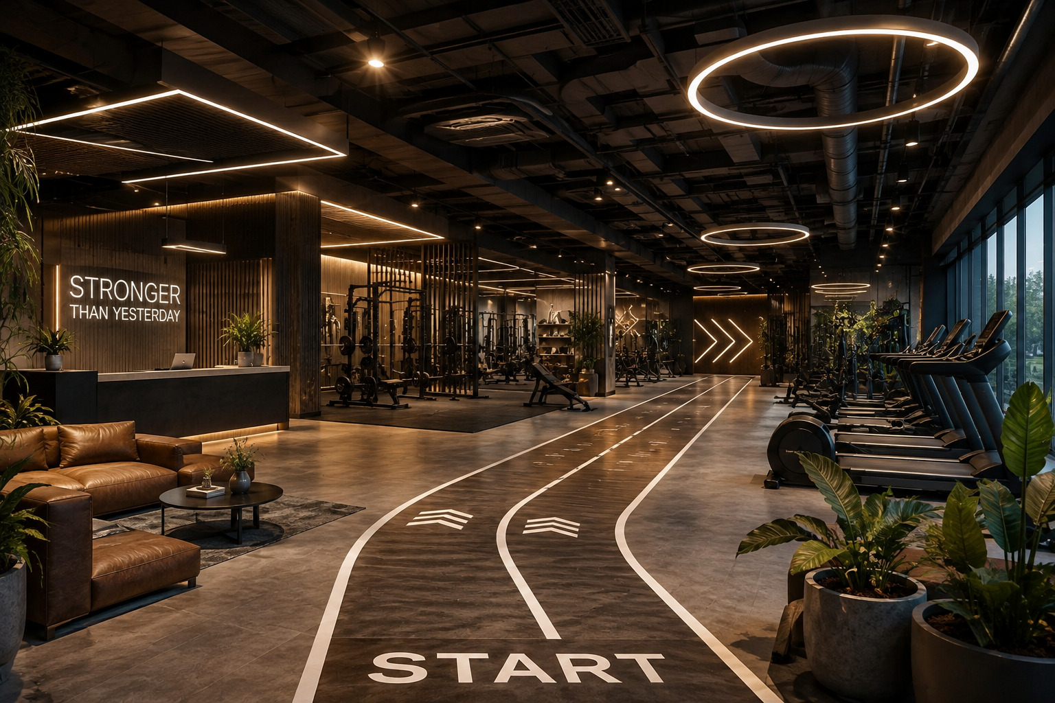 Wellness and training club interior in warm materials