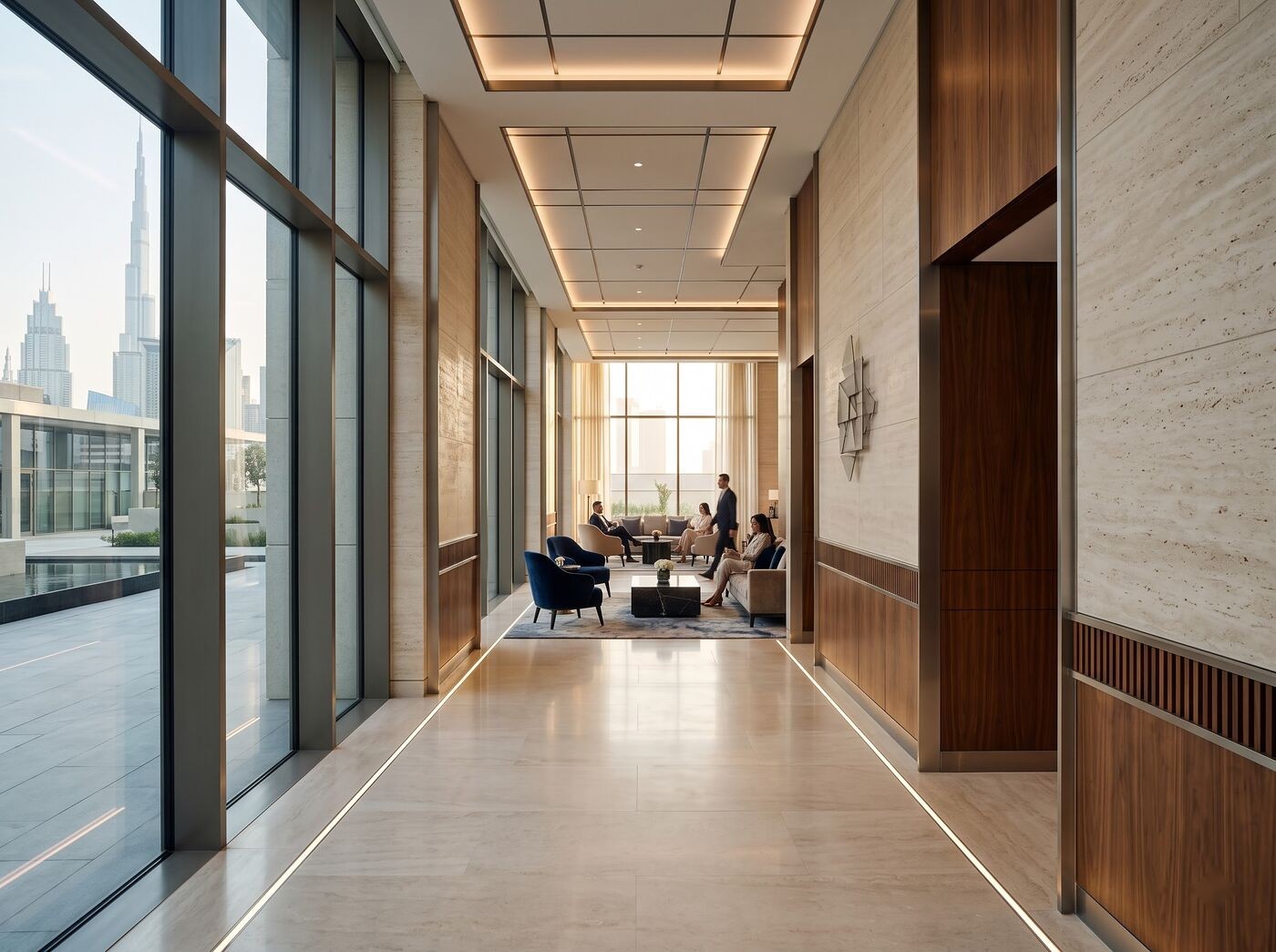 Modern interior corridor with layered natural light
